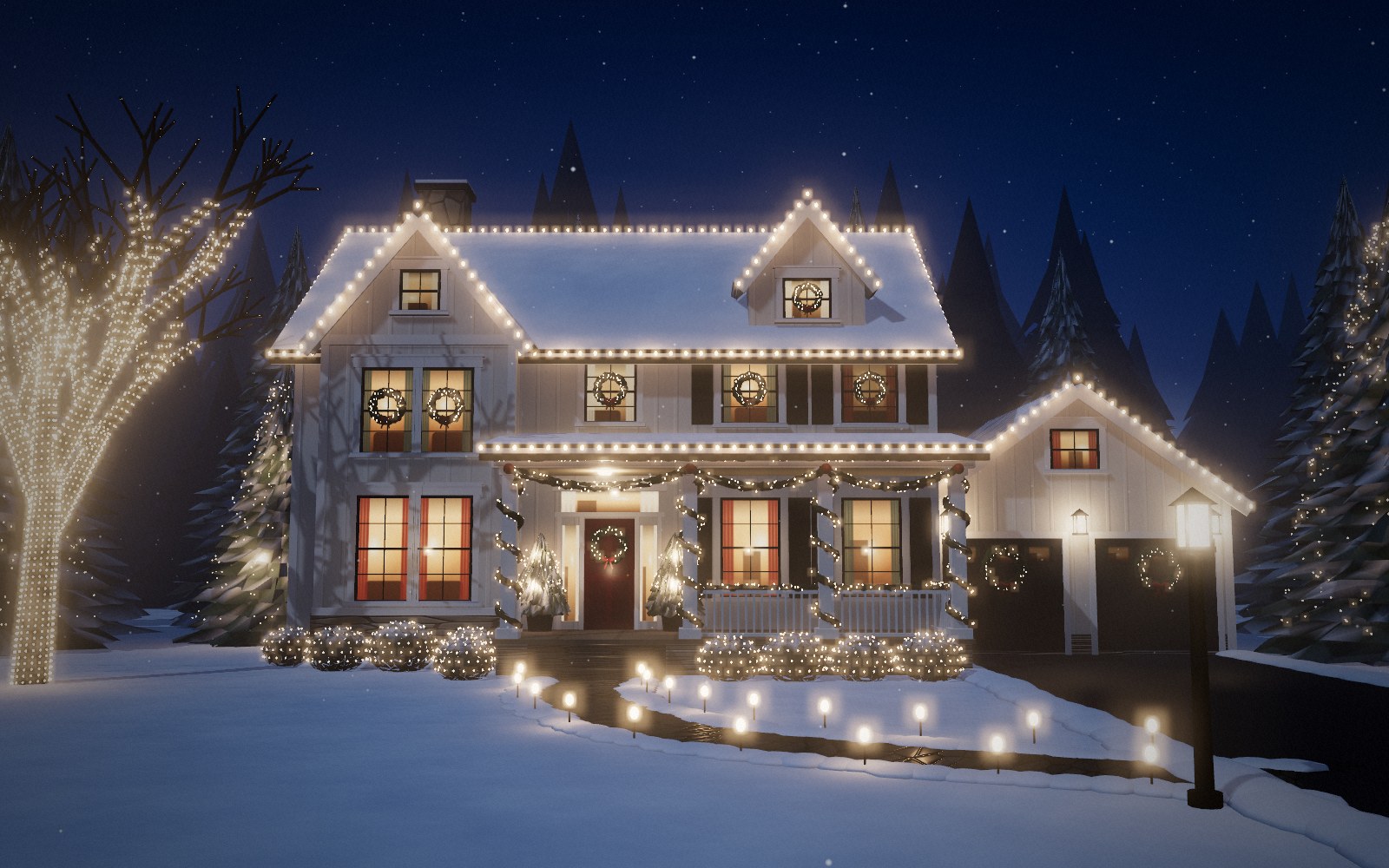 After: the same home with warm white lights on every roofline, lit wreaths, porch garland, glowing trees and shrubs, and pathway lights