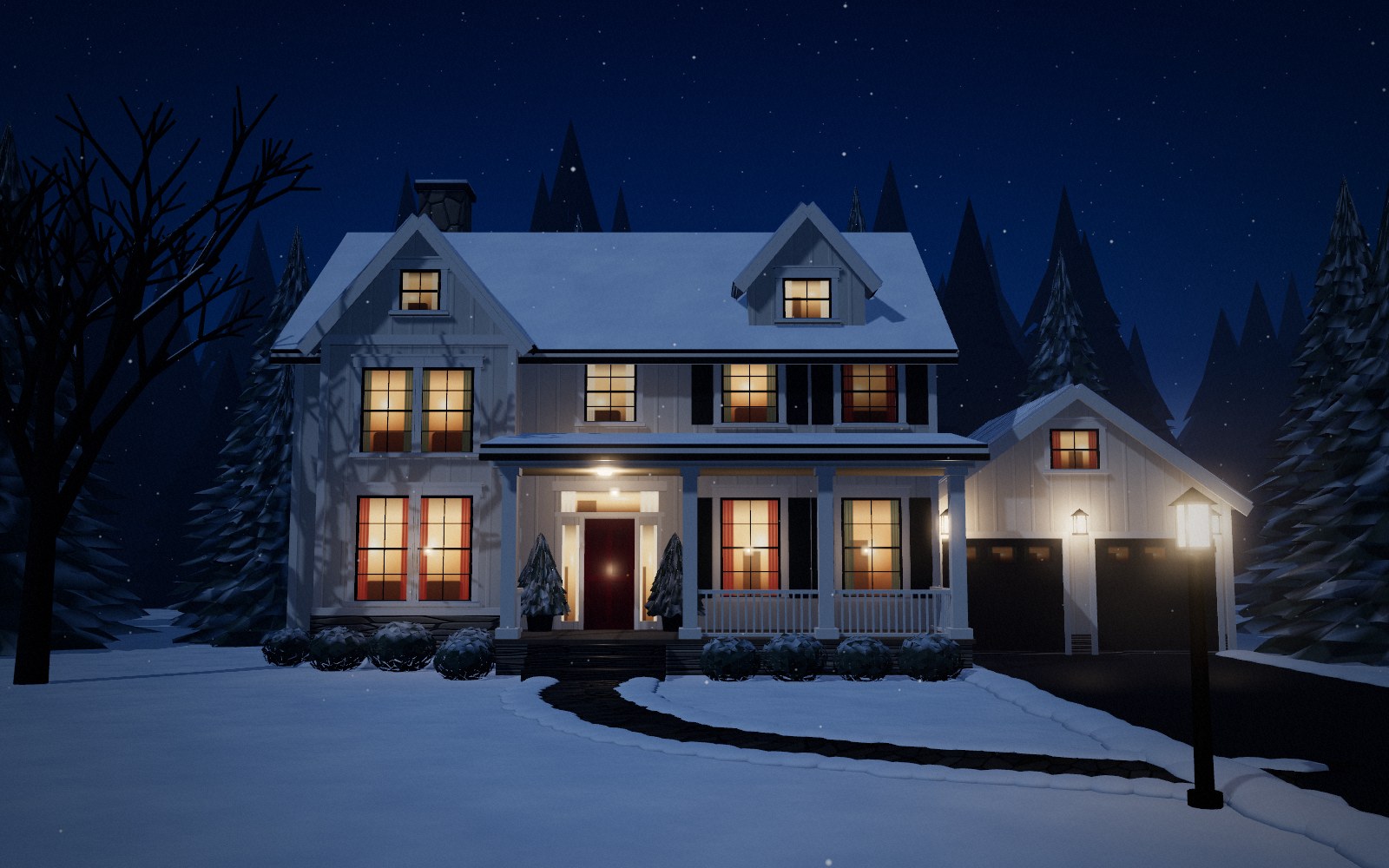 Before: the home at dusk with no Christmas lights, only its windows and porch light lit
